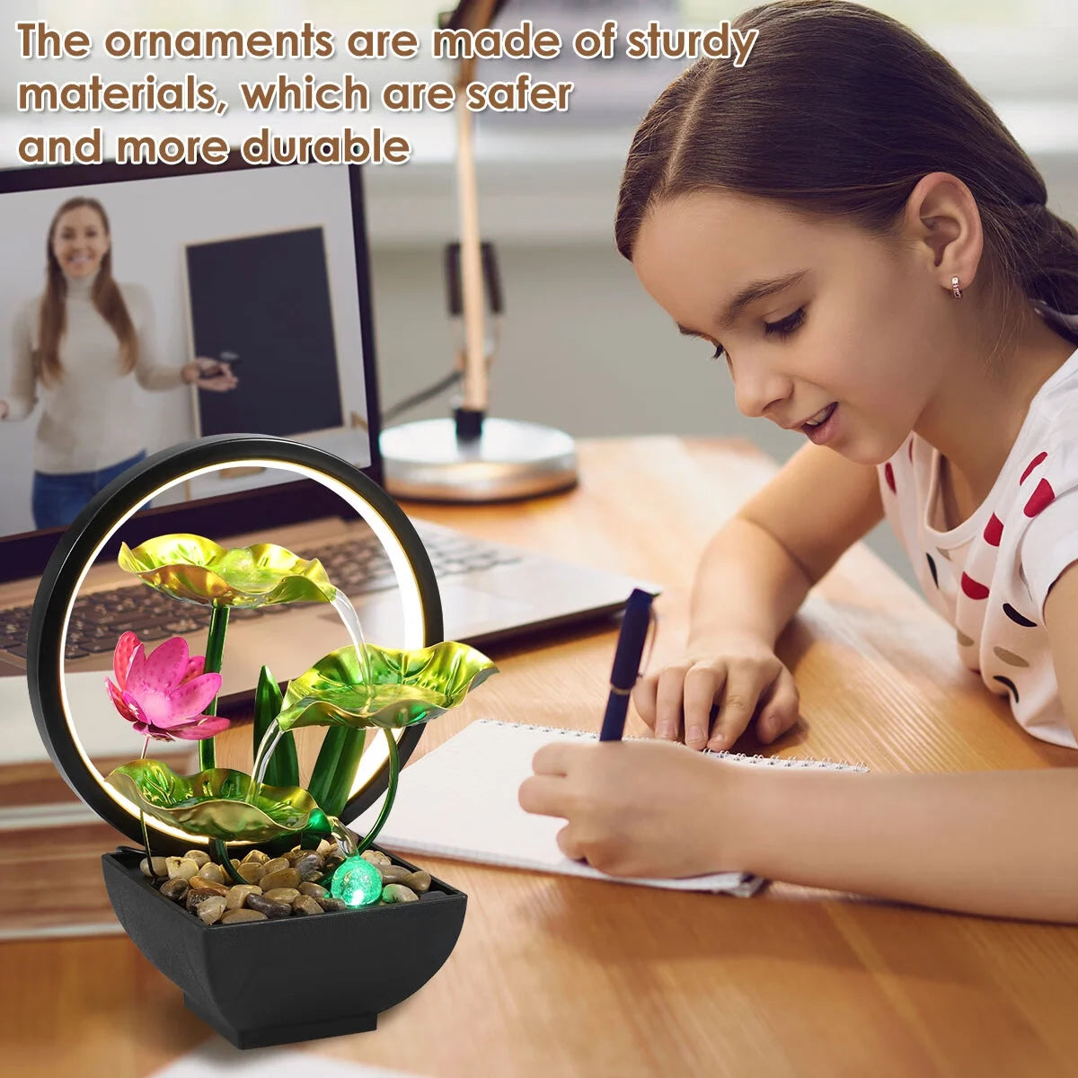 Tabletop Fountain 3-Tiers Lotus Leaf Small Waterfall Fountains Indoor Water Fountain with Rocks and LED Ring Lights Desktop Fountains for Meditation Relaxation Home Bedroom Living Room Office Decor