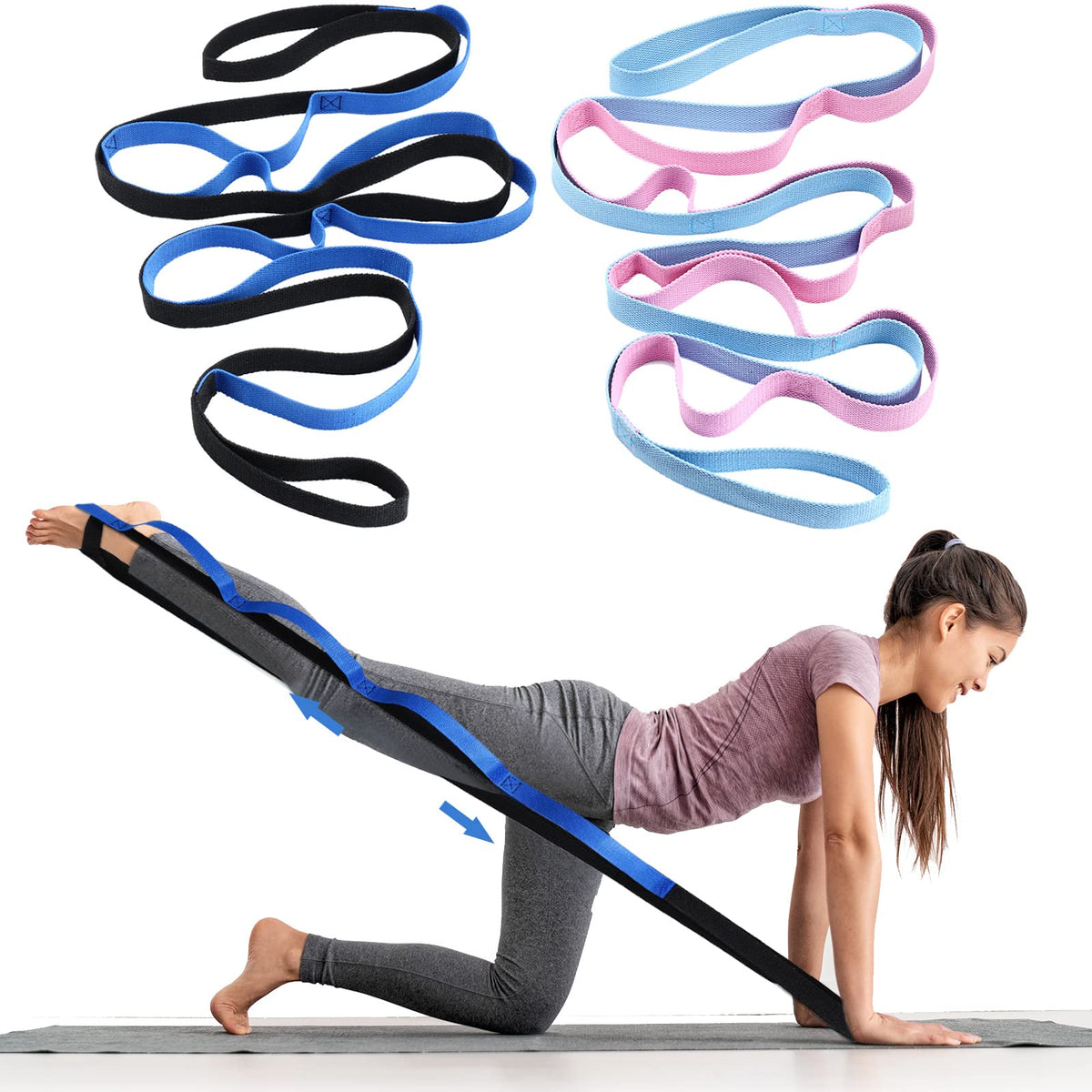 Leyndo 2 Pcs Yoga Strap for Stretching 10 Loops Stretching Strap for Physical Therapy Non Elastic Stretch Strap Workout Stretching Strap for Pilates Exercise Dance Gymnastics
